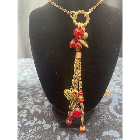 Vintage R.I. Bead & Comp Signed Long Goldtone Red Beaded Necklace Heart Charm - Picture 1 of 12